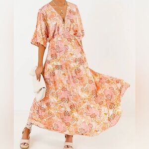 Entro Orange Floral Maxi Dress Size 1X Flowy Garden Kimono Style Sleeves